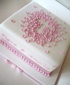 photo of a cake with small pink flowers