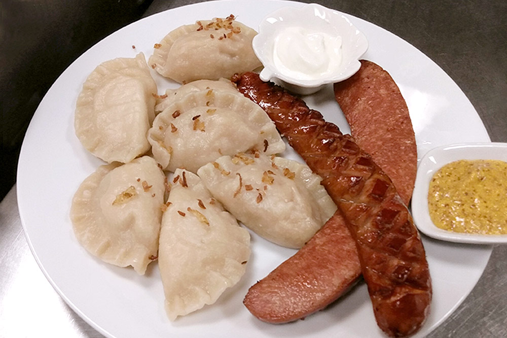 photo of sausage and pierogies
