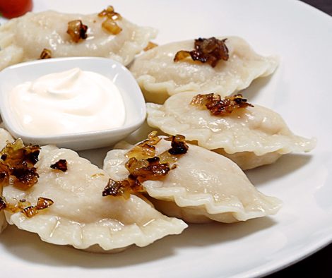 dumplings filled with meat, sauerkraut-mushroom, cheese-potato or strawberries